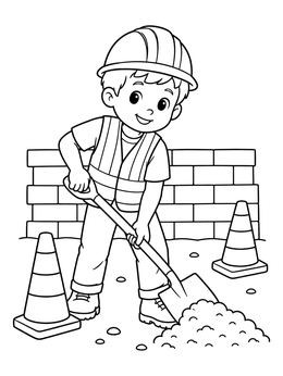 A friendly boy holding a shovel in this construction coloring page.