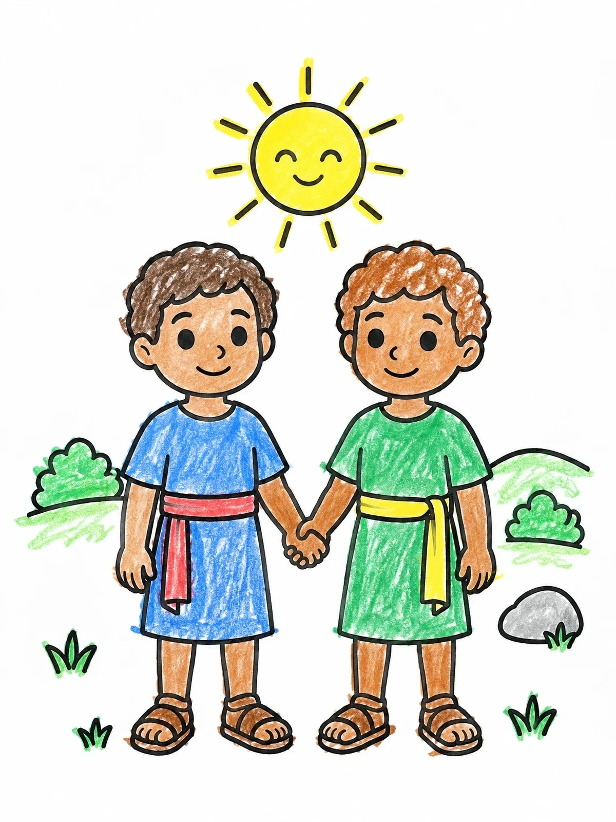 Colored example of the Young Cain And Abel Holding Hands coloring page