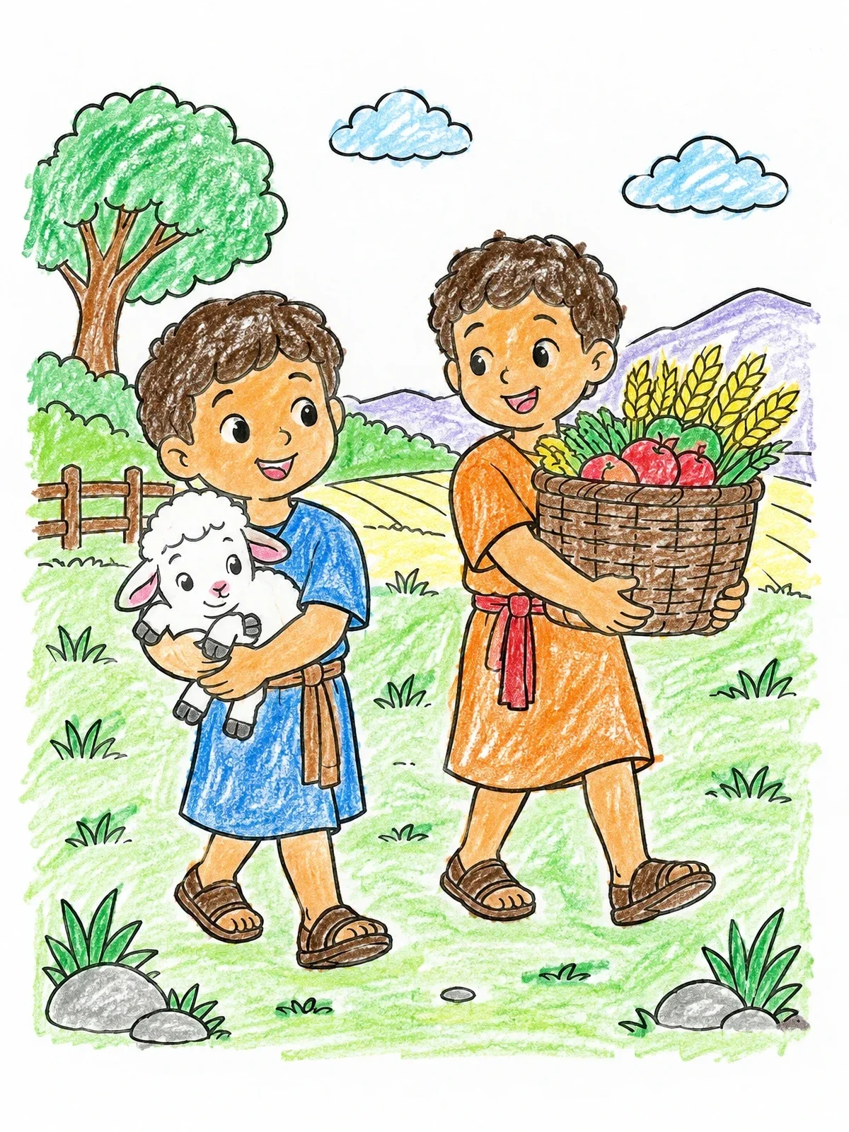 Colored example of the Young Cain And Abel With Offerings coloring page