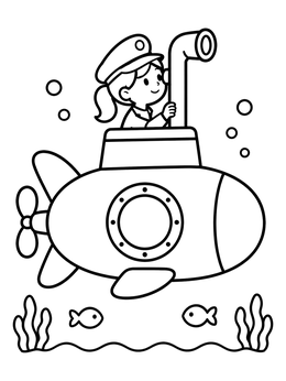 Free printable Young Captain In Cute Submarine coloring page