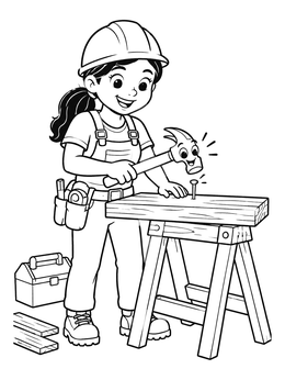 Free printable Young Carpenter Girl With Talking Hammer coloring page