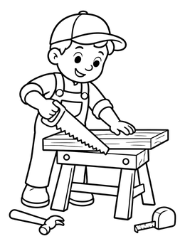 Free printable Young Carpenter Sawing Wood coloring page