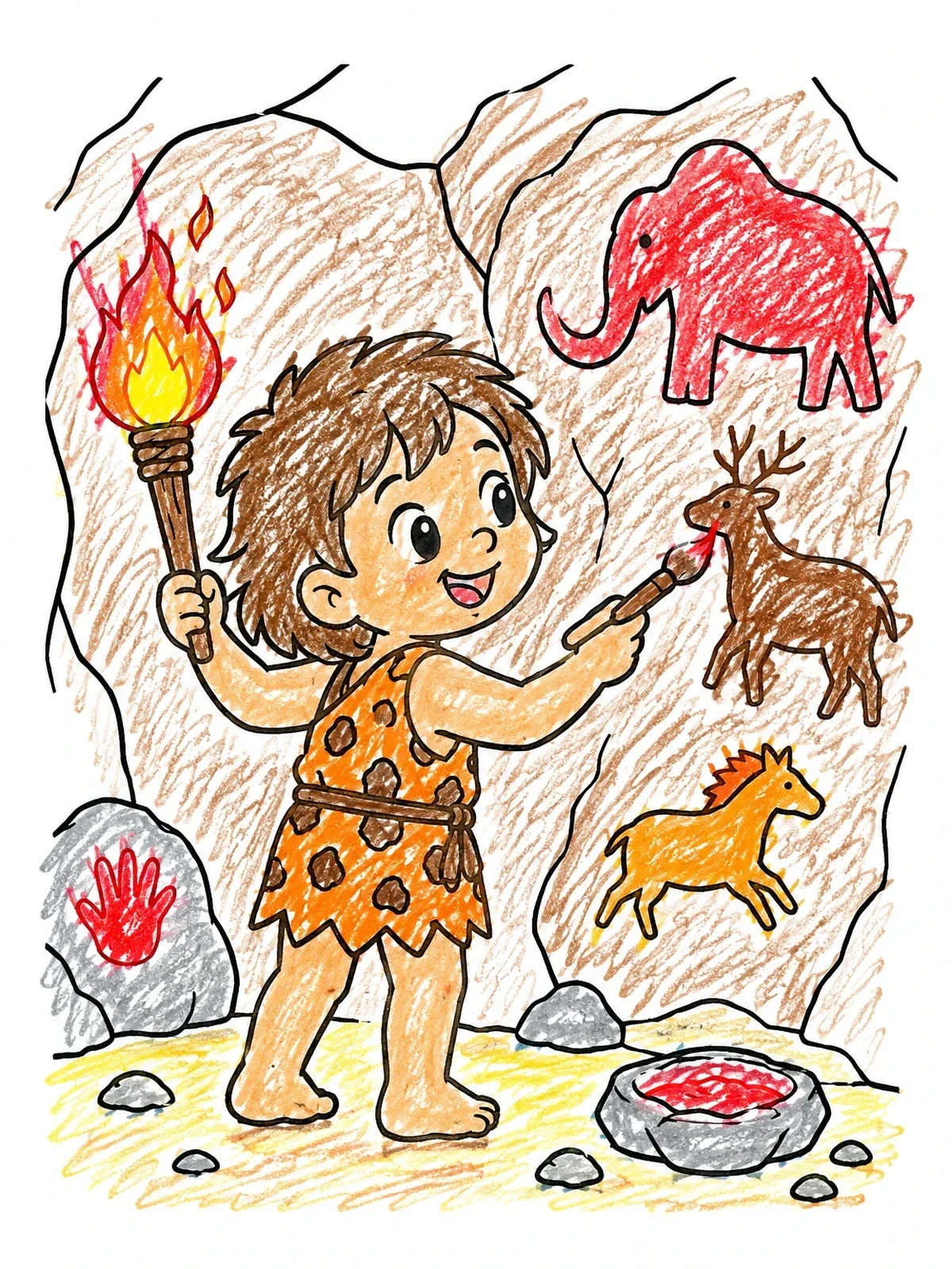 Colored example of the Young Caveman Painting On Cave Wall coloring page