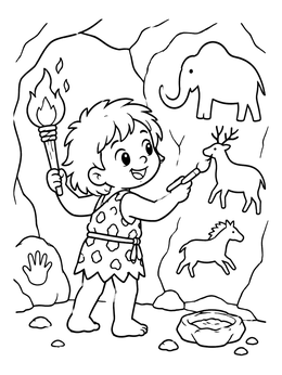 Free printable Young Caveman Painting On Cave Wall coloring page