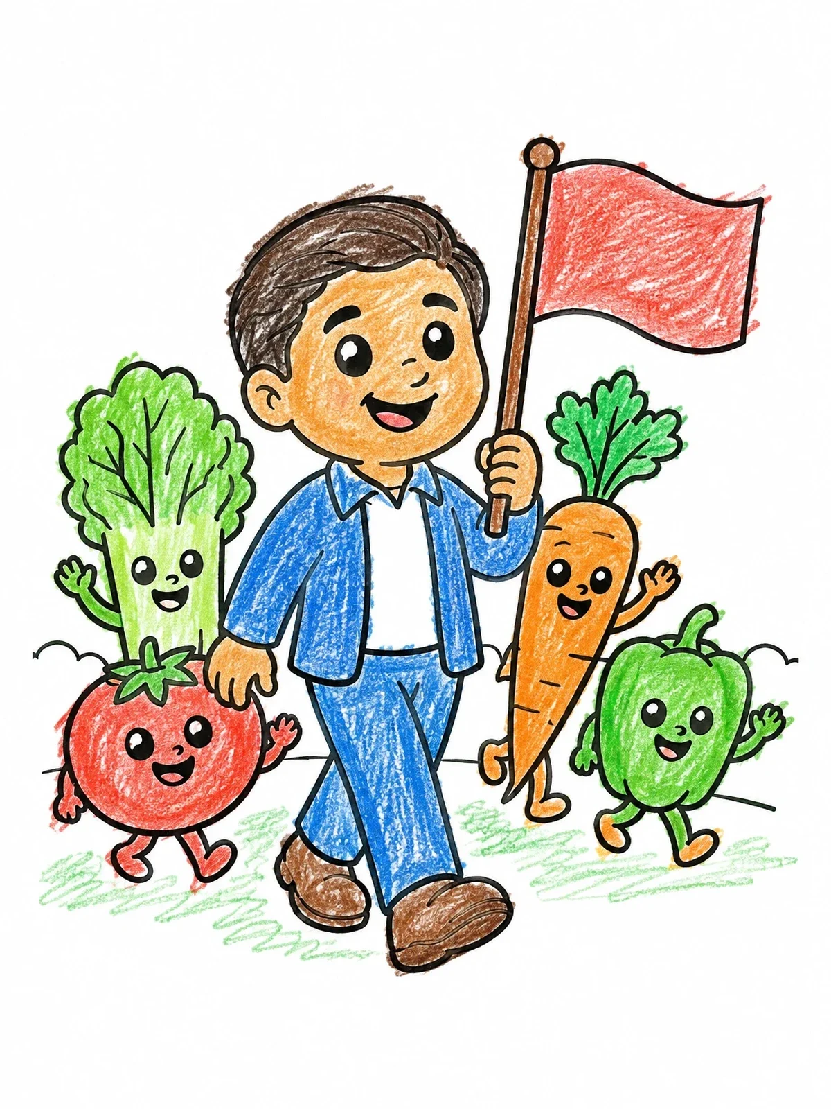 Colored example of the Young Cesar Chavez With Friendly Vegetables coloring page