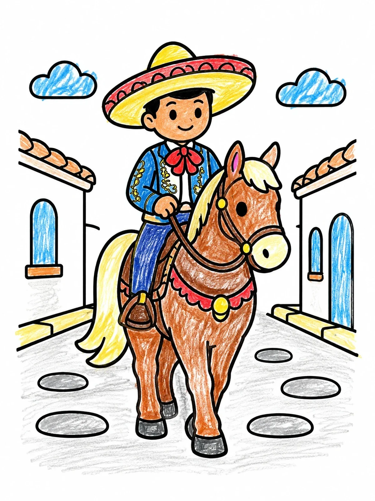 Colored example of the Young Charro Rider On Horseback coloring page