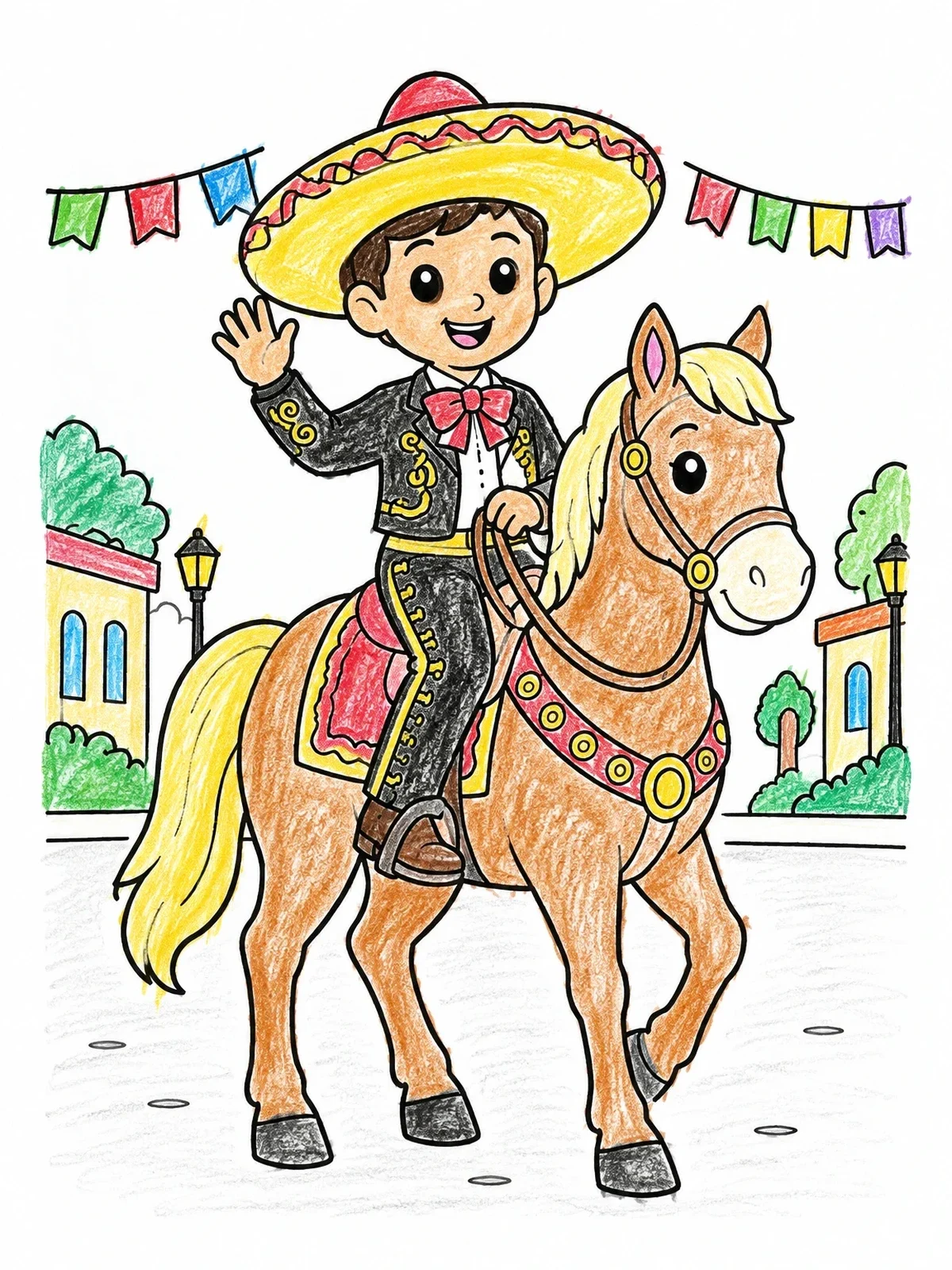 Colored example of the Young Charro Riding A Friendly Pony coloring page