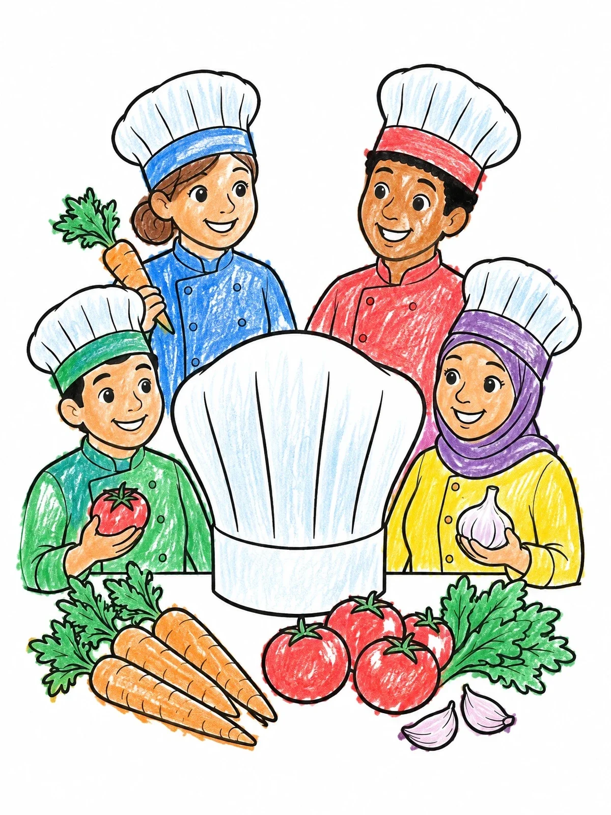 Colored example of the Young Chefs With Fresh Vegetables coloring page