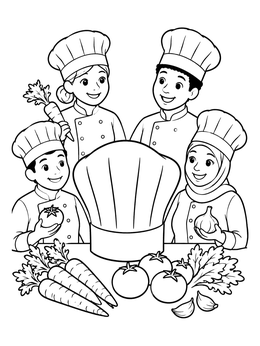 Happy young cooks gather around a giant hat on this chef coloring page.