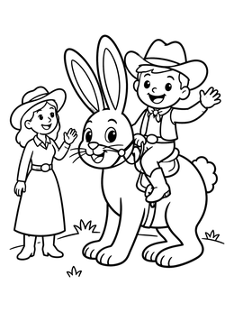 A cheerful cowboy coloring page showing a boy riding a giant rabbit next to a cowgirl.