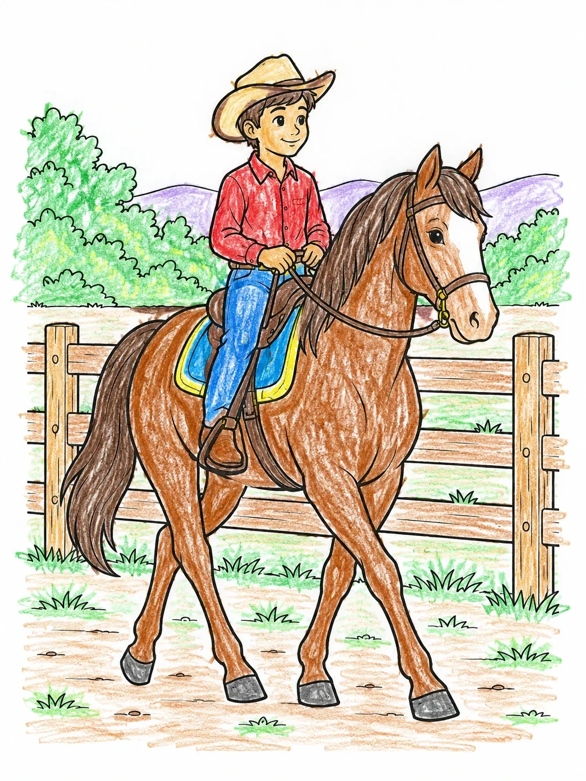 Colored example of the Young Cowboy Riding Beside Fence coloring page