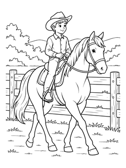 A young rider on horseback in this friendly cowboy coloring page.