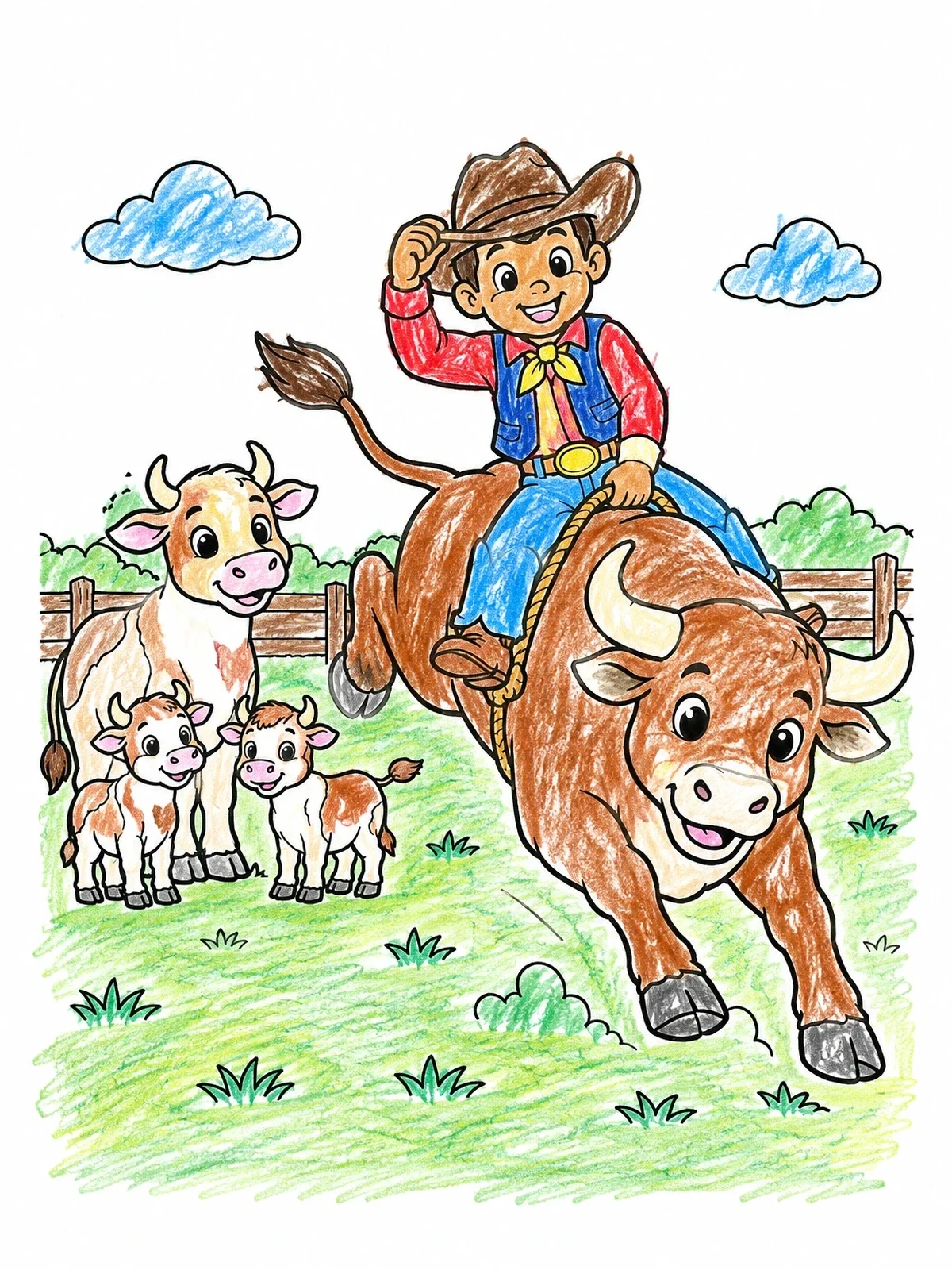 Colored example of the Young Cowboy Riding A Playful Bull coloring page
