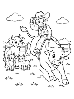 A cheerful boy rides a jumping steer on this bull coloring page.