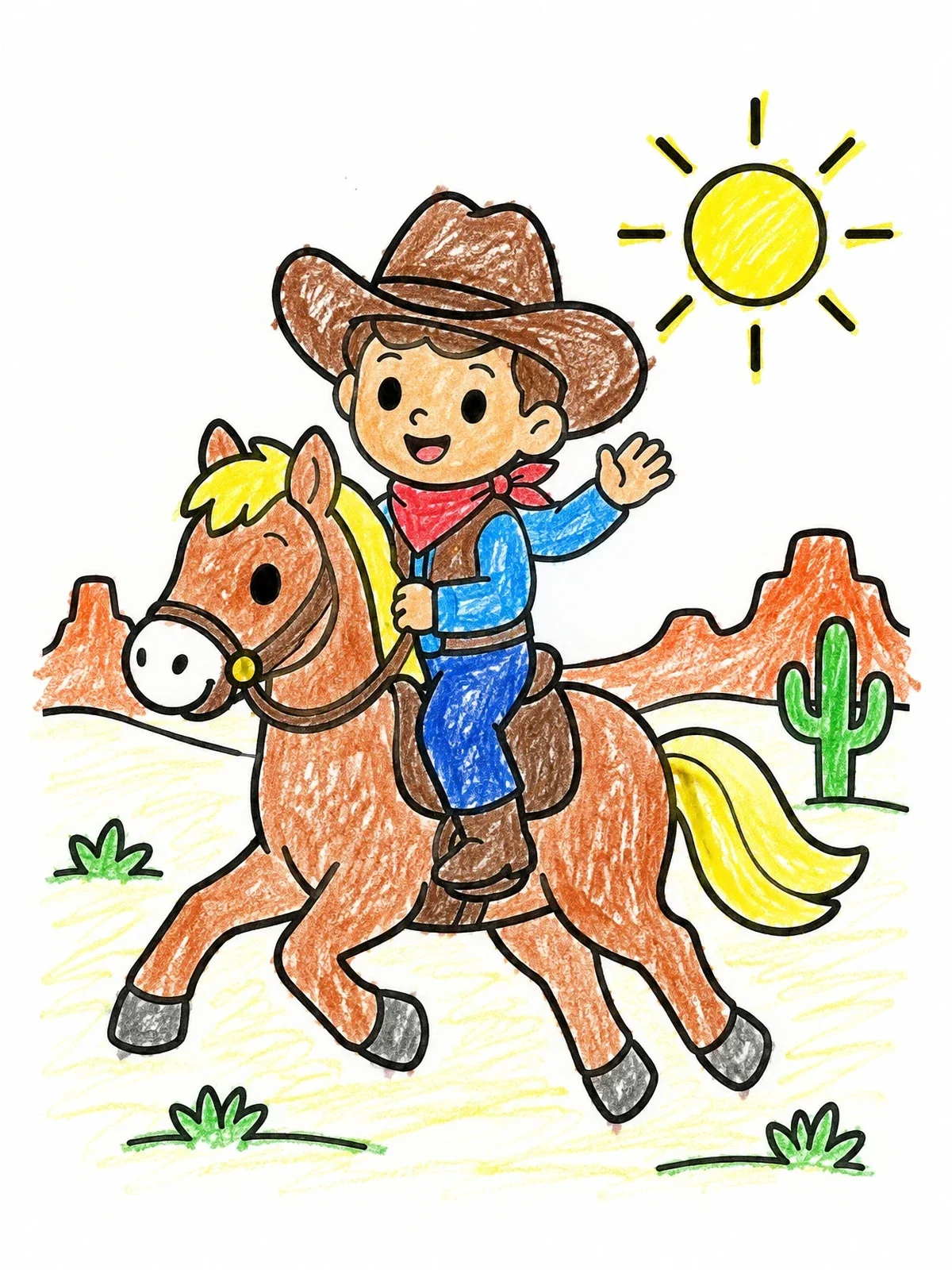 Colored example of the Young Cowboy Riding A Pony coloring page