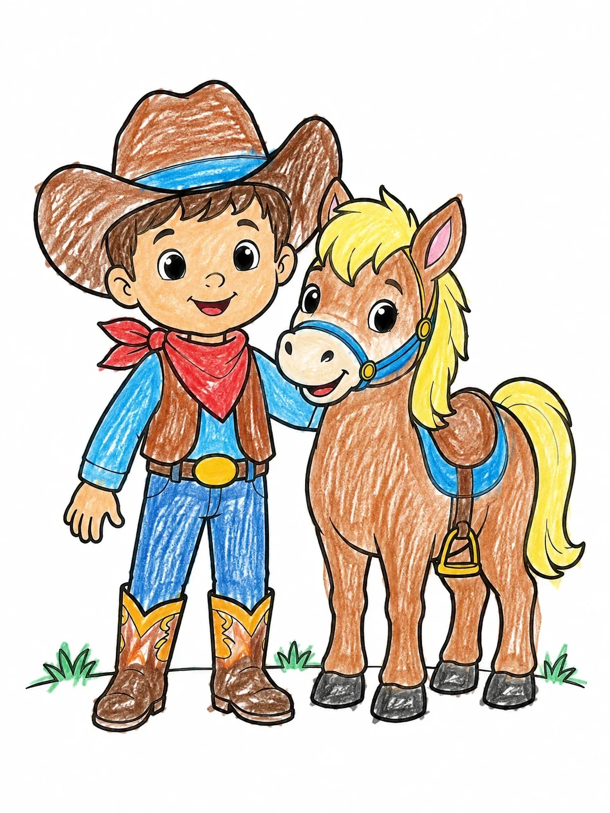 Colored example of the Young Cowboy With Little Pony coloring page