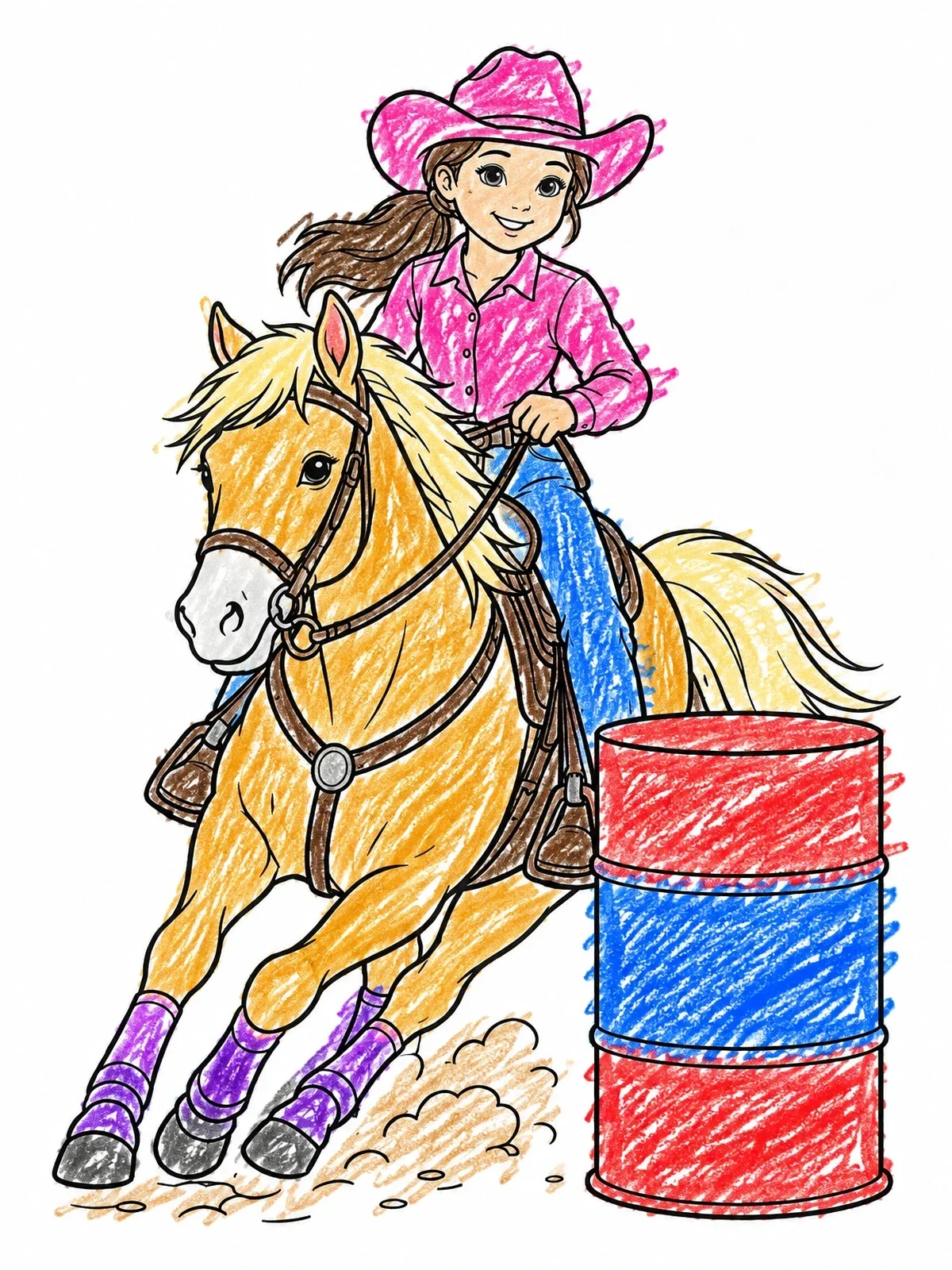 Colored example of the Young Cowgirl Riding Around Barrel coloring page