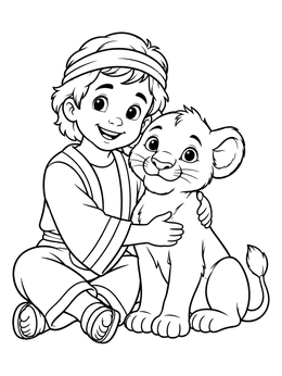 A cheerful young boy embracing a cute cub in this daniel in the lions den coloring page.