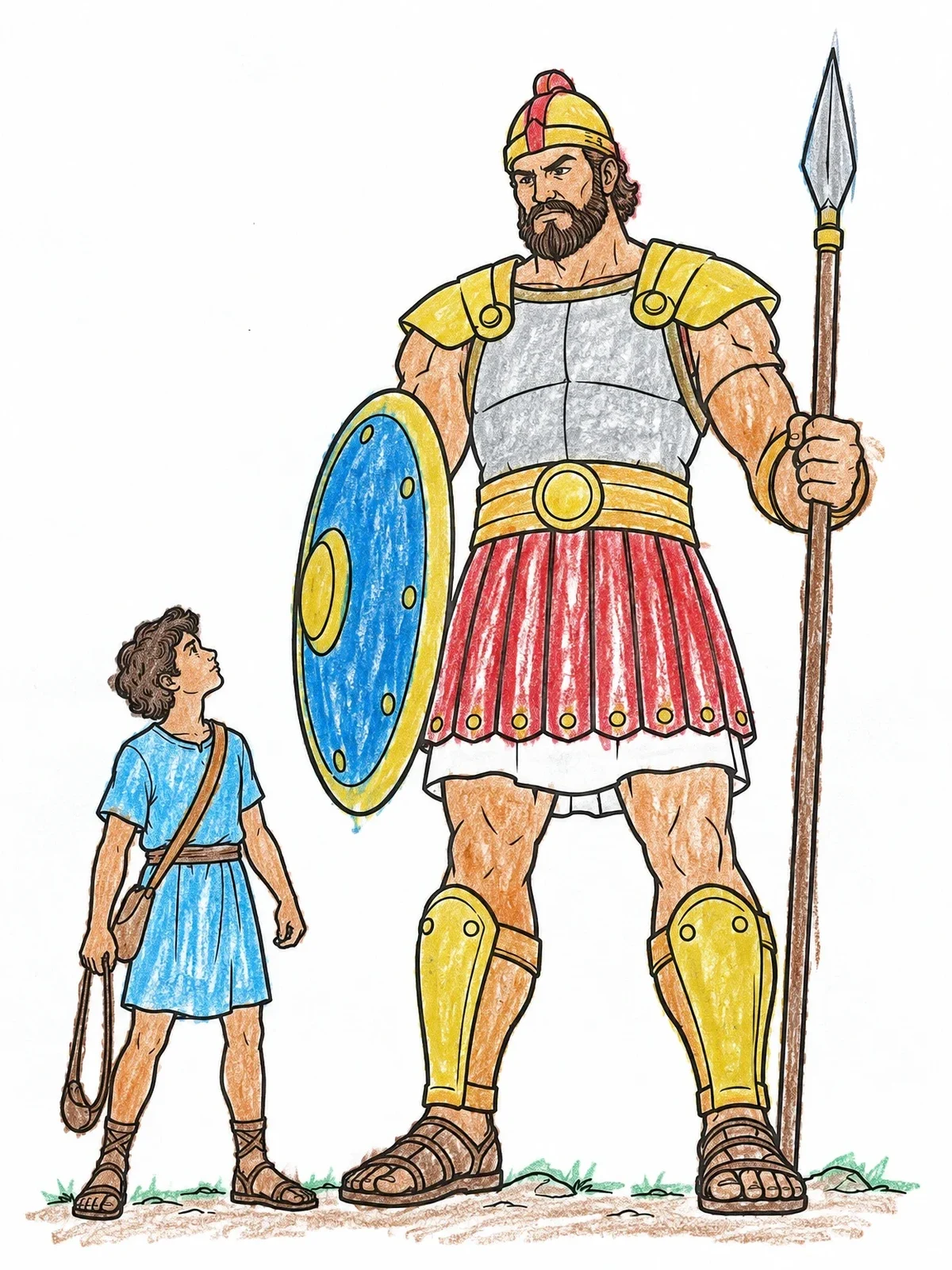 Colored example of the Young David Facing Giant Goliath coloring page