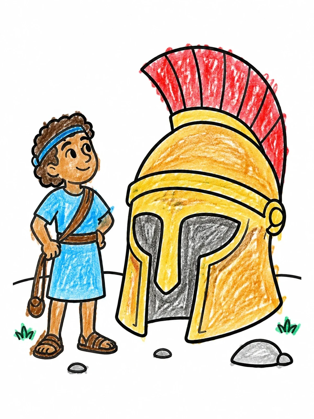 Colored example of the Young David And Giant Helmet coloring page