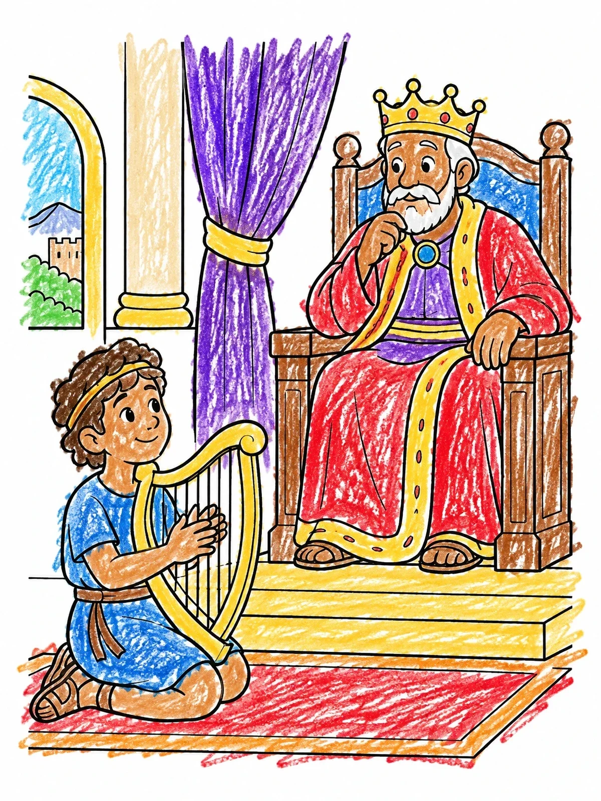 Colored example of the Young David Playing Harp For King Saul coloring page