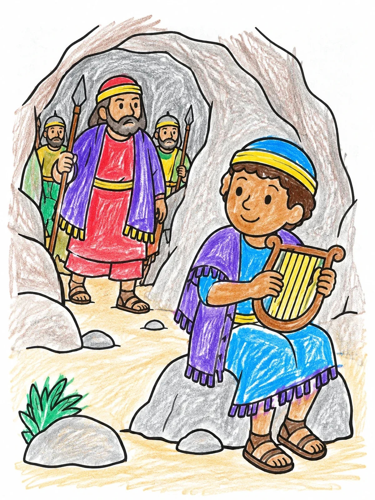 Colored example of the Young David Playing Harp Near Saul coloring page