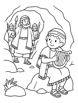 Free printable Young David Playing Harp Near Saul coloring page