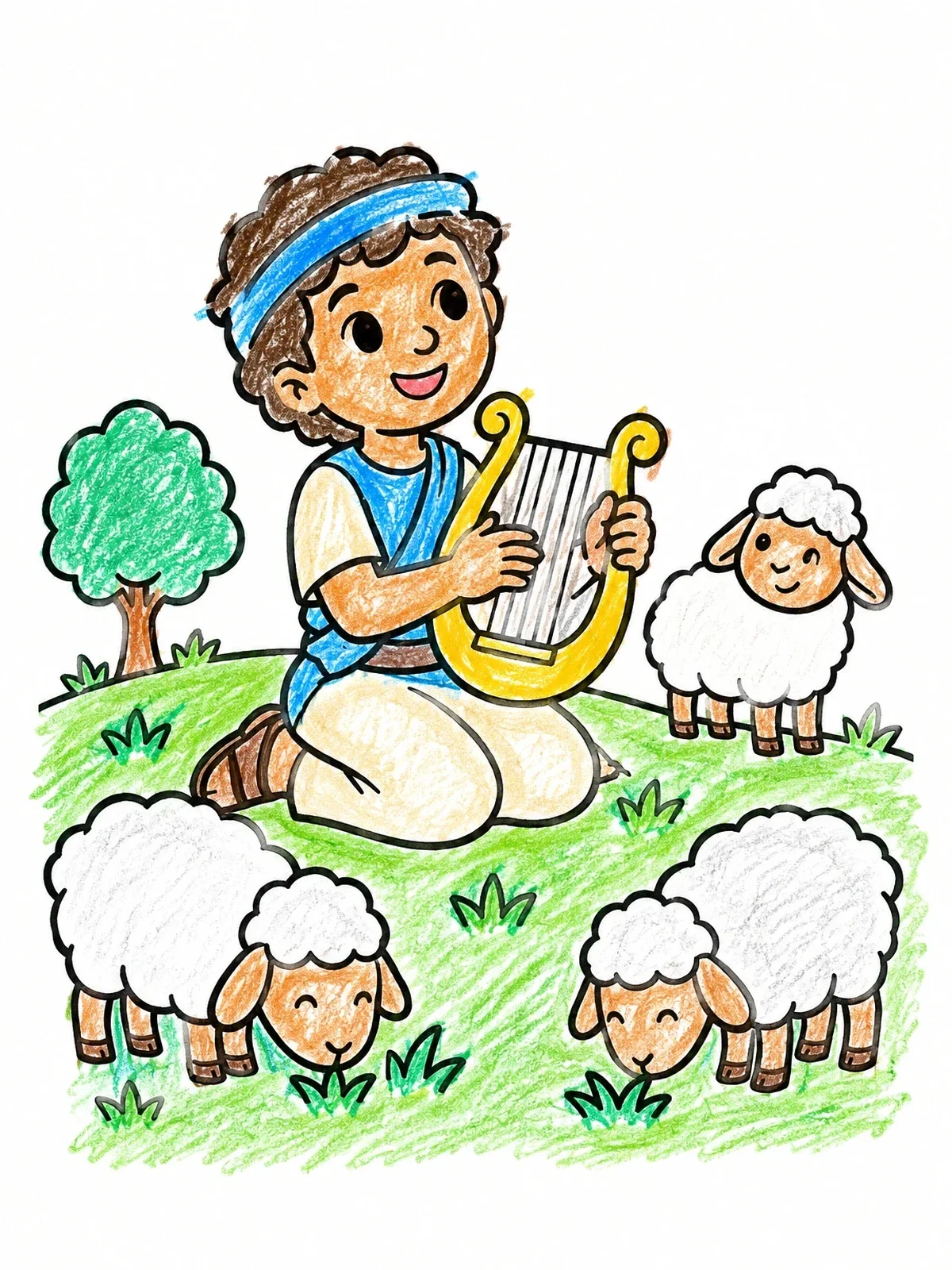 Colored example of the Young David Playing Harp For Sheep coloring page