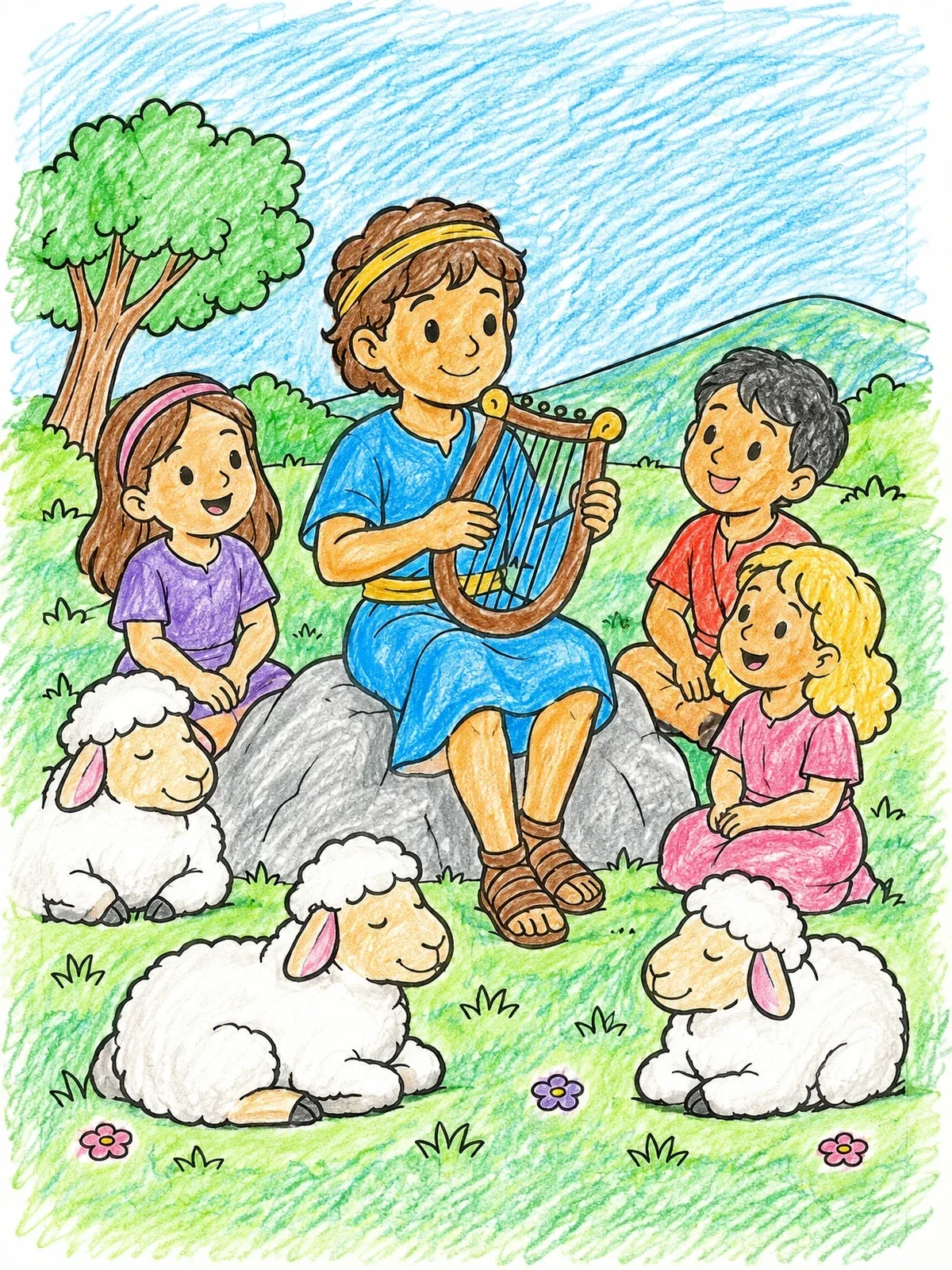 Colored example of the Young David Playing Harp For Friends And Sheep coloring page
