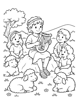 Free printable Young David Playing Harp For Friends And Sheep coloring page