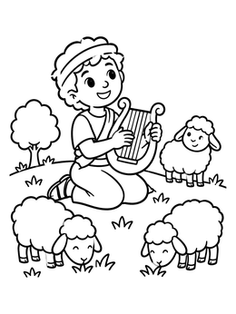 Free printable Young David Playing Harp For Sheep coloring page
