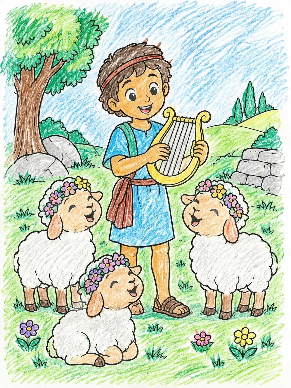 Colored example of the Young David Playing Lyre For Sheep coloring page