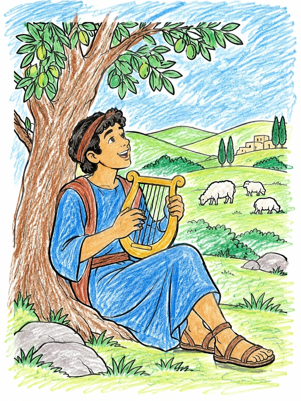 Colored example of the Young David Playing Lyre Under Tree coloring page