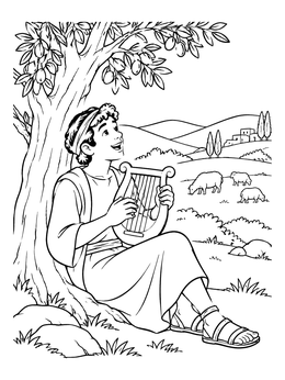 Free printable Young David Playing Lyre Under Tree coloring page