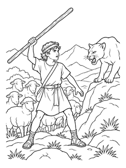 In this david the shepherd boy coloring page, David raises his staff to defend sheep from a wild cat.