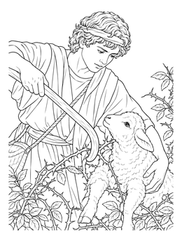 A detailed david the shepherd boy coloring page showing him gently freeing a lamb from brambles.