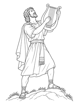 A joyful david the shepherd boy coloring page showing him holding a harp on a hill.