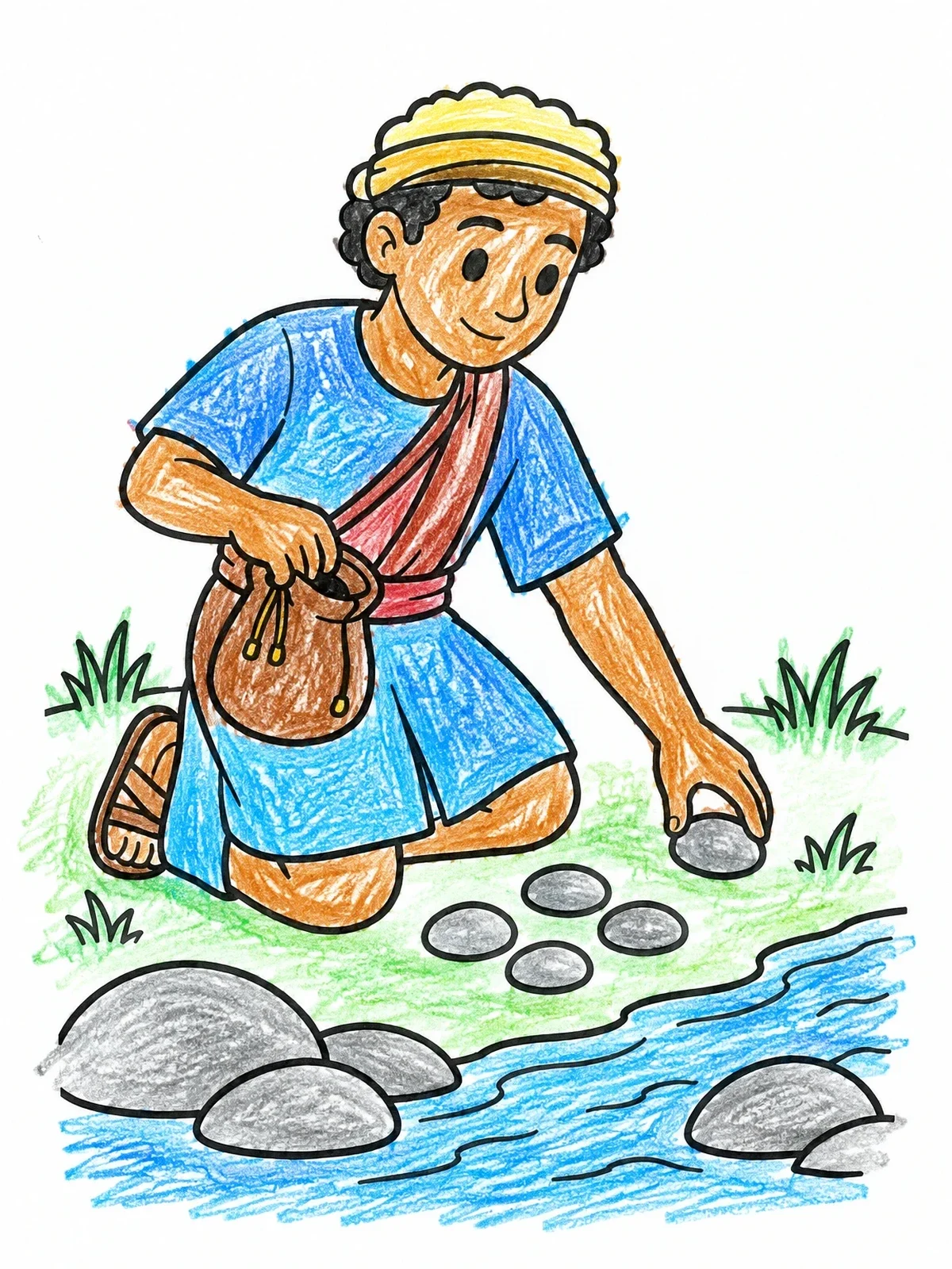 Colored example of the Young David Gathering River Stones coloring page
