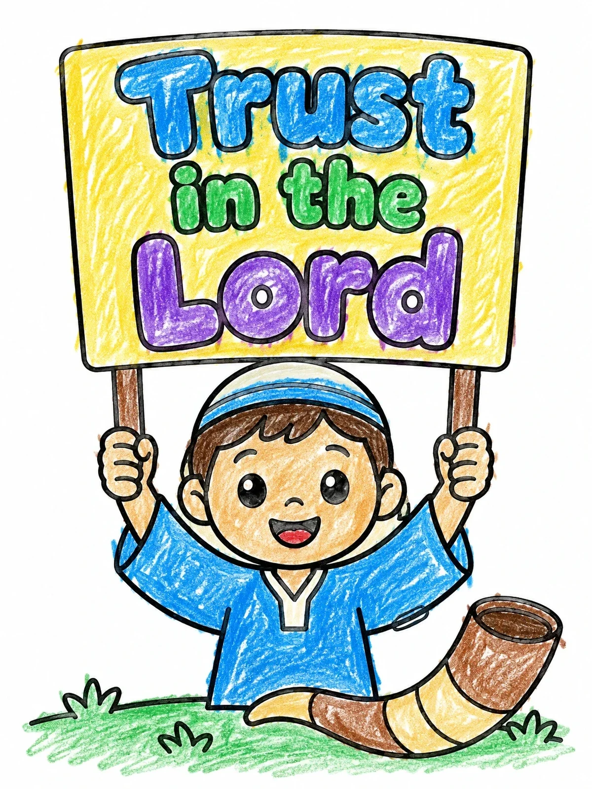Colored example of the Young David With Faith Sign coloring page