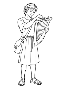 A david the shepherd boy coloring page showing him standing with his harp and shoulder bag.
