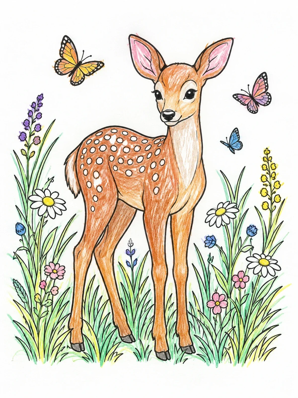 Colored example of the Young Deer In Wildflower Meadow coloring page