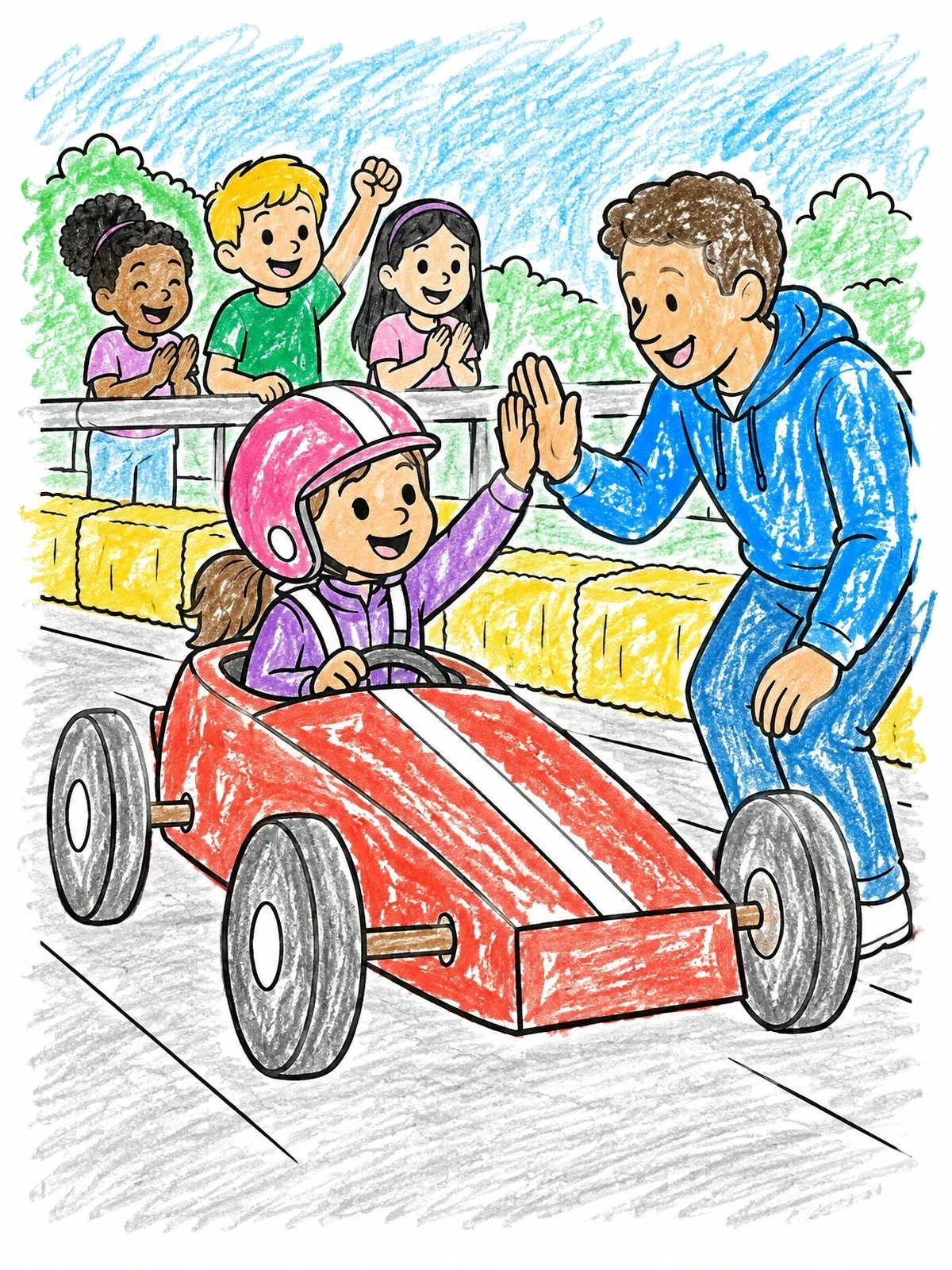 Colored example of the Young Derby Racer High Five coloring page