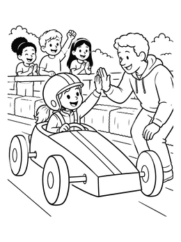 A young girl in a soapbox derby car coloring page gives a high five to a proud parent.