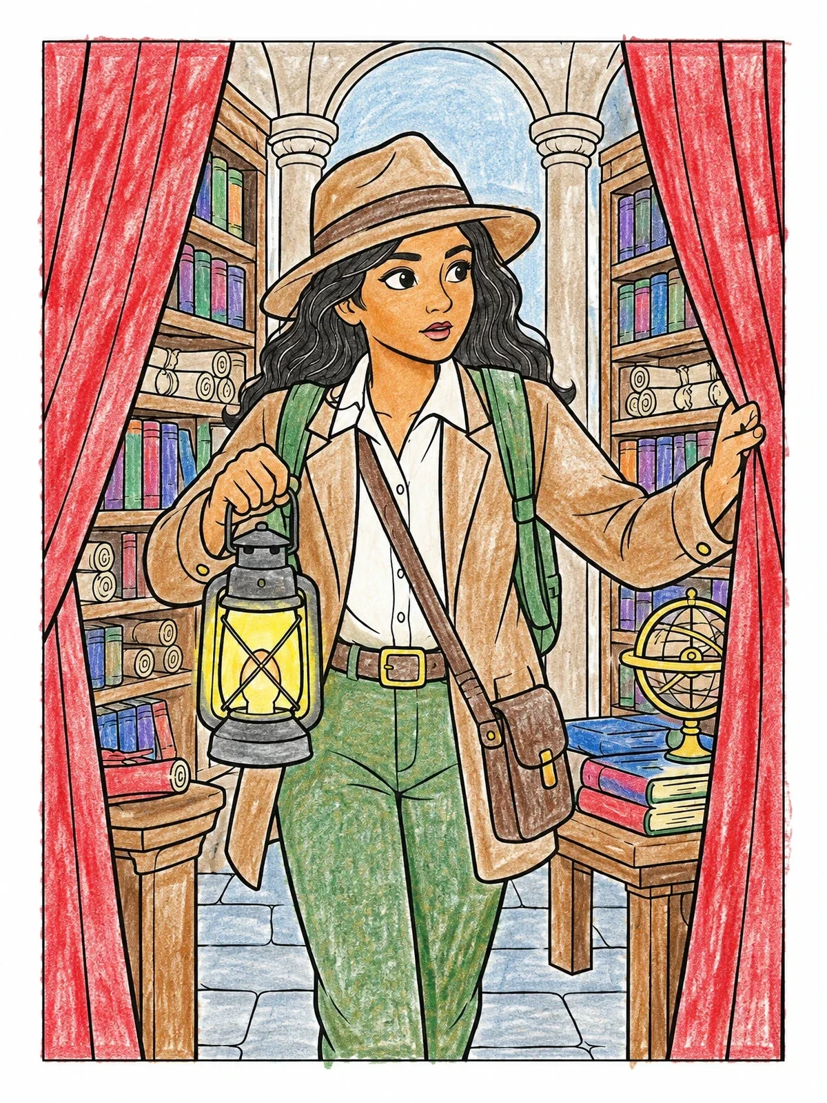 Colored example of the Young Detective Exploring Ancient Archive coloring page