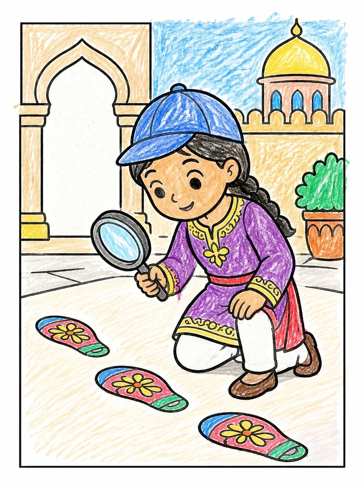 Colored example of the Young Detective Following Floral Footprints coloring page