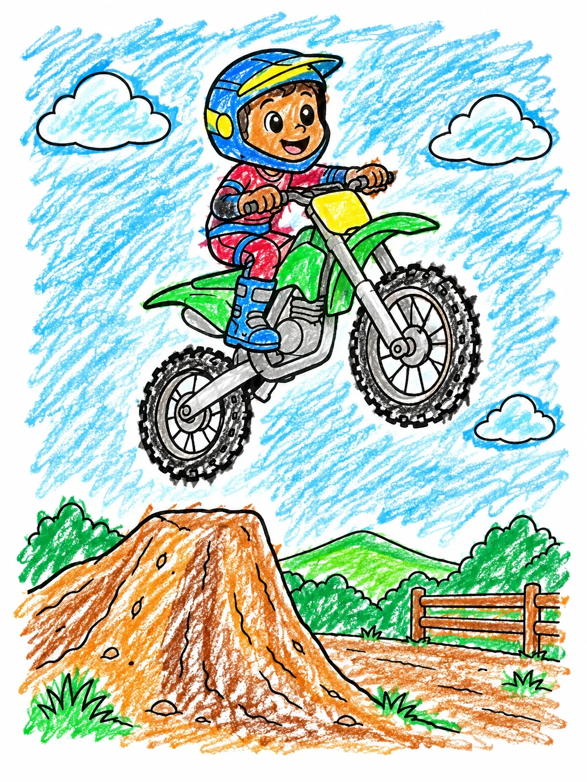 Colored example of the Young Dirt Bike Rider Jumping High coloring page