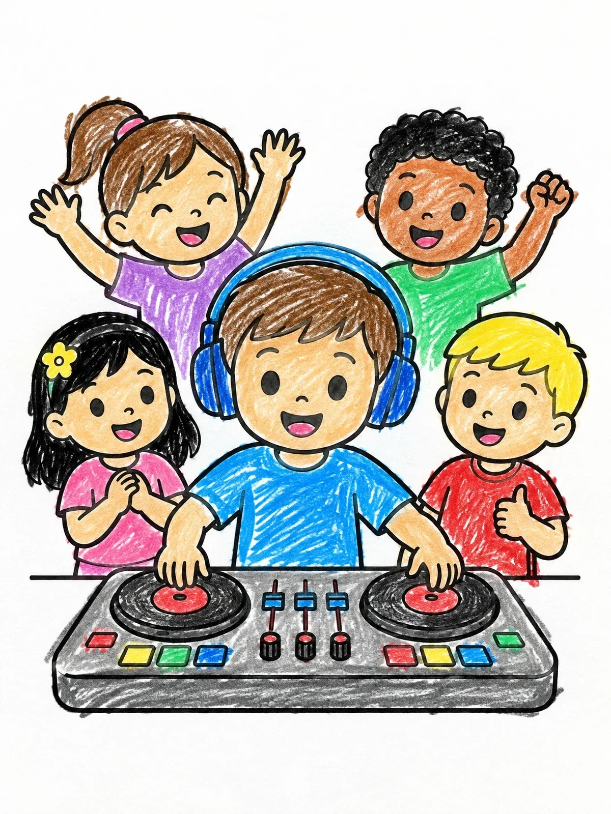 Colored example of the Young Dj Playing For Friends coloring page