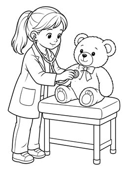 A young girl in a lab coat checks a teddy bear on this doctor coloring page.