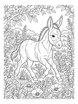 A sweet donkey coloring page featuring a foal running through a spring wildflower field.