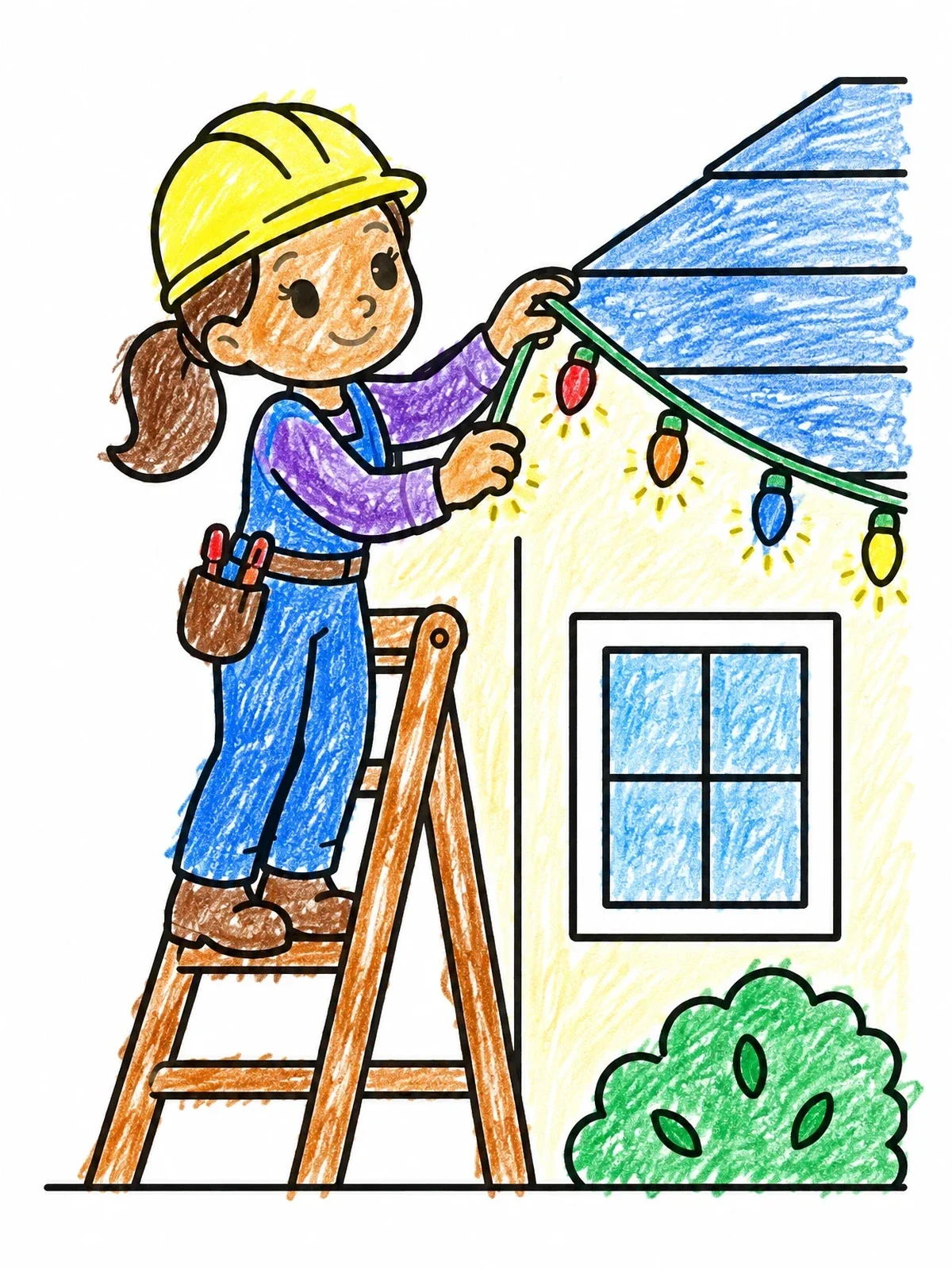 Colored example of the Young Electrician Hanging Holiday Lights coloring page